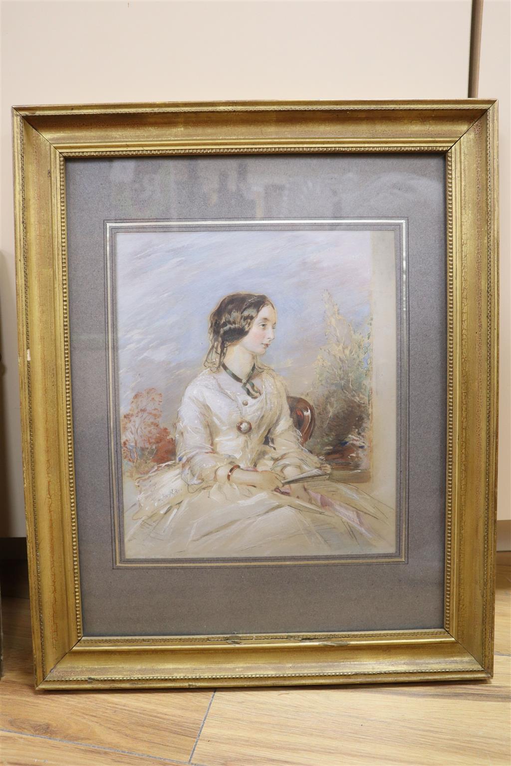 Victorian School, watercolour, Half length portrait of a young lady, 27.5 x 23cm